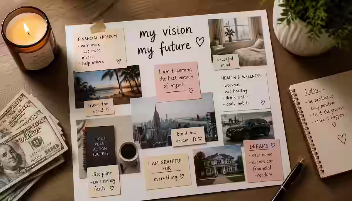 Vision board illustrating 333 angel number meaning in money and manifestation