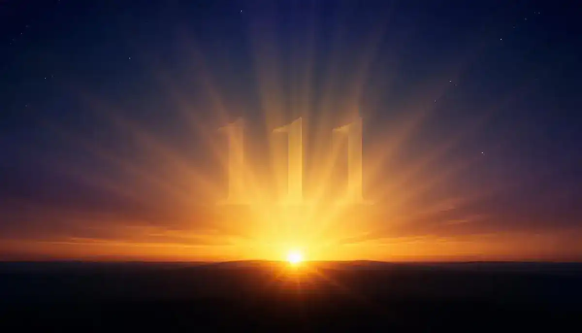 111 angel number symbolizing new beginnings and manifestation, glowing gold digits on a starry background