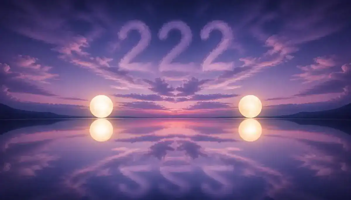 222 angel number symbolizing balance and patience, softly glowing digits over calm violet clouds