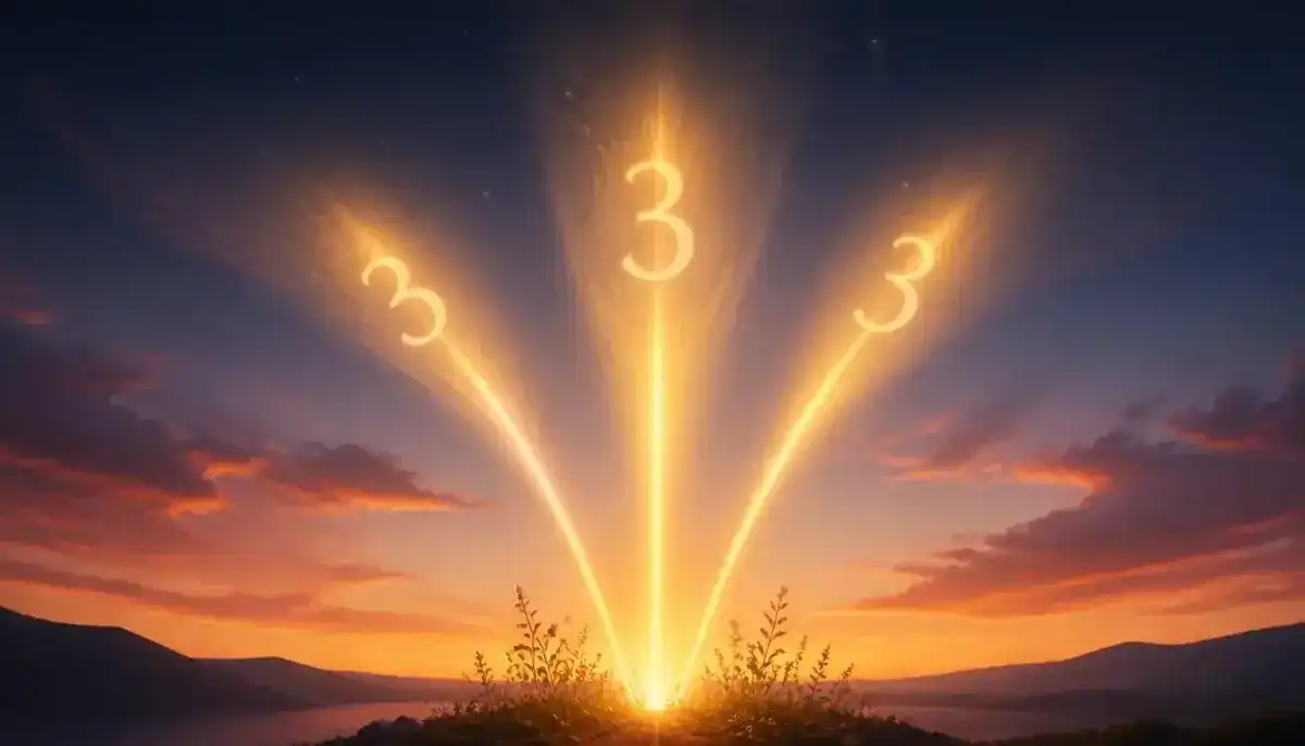 333 angel number symbolizing growth and creative expression, warm golden light rays behind glowing digits