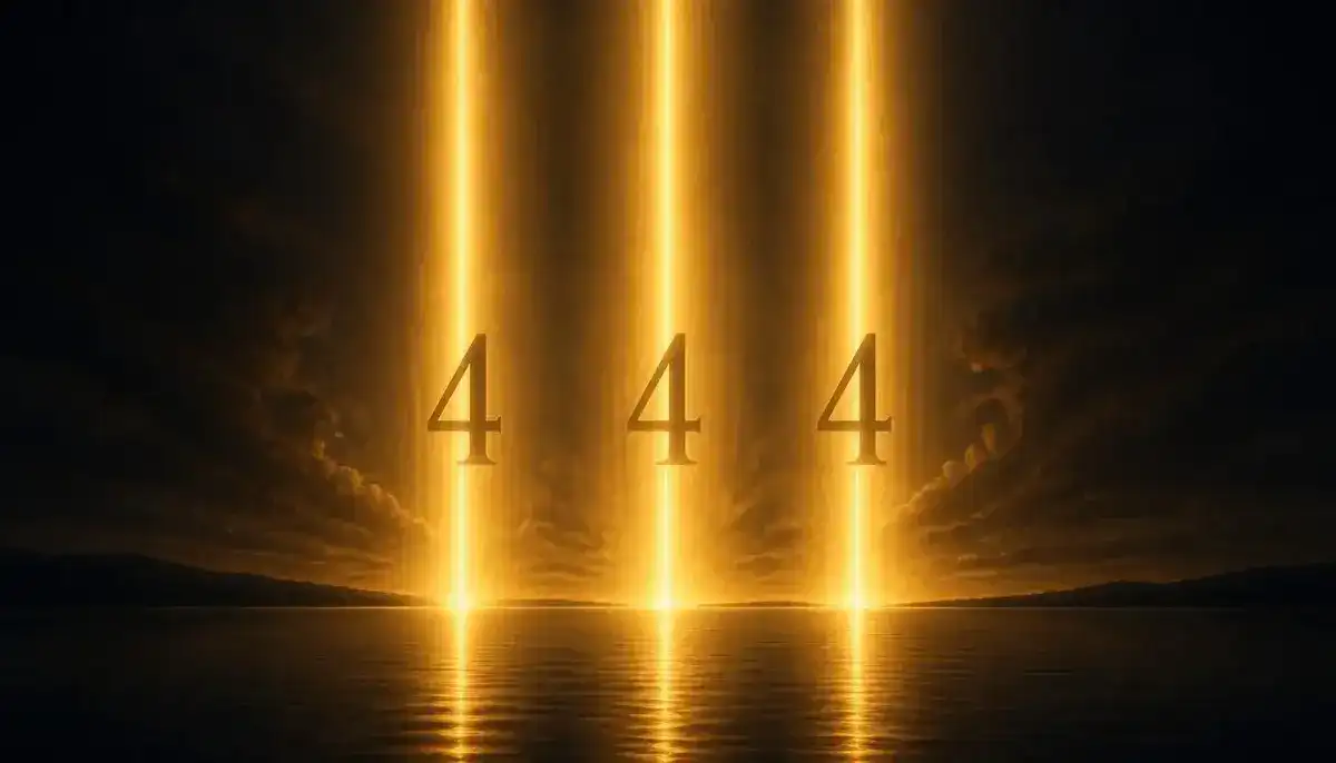 444 angel number symbolizing stability and protection, solid glowing digits anchored above a quiet horizon