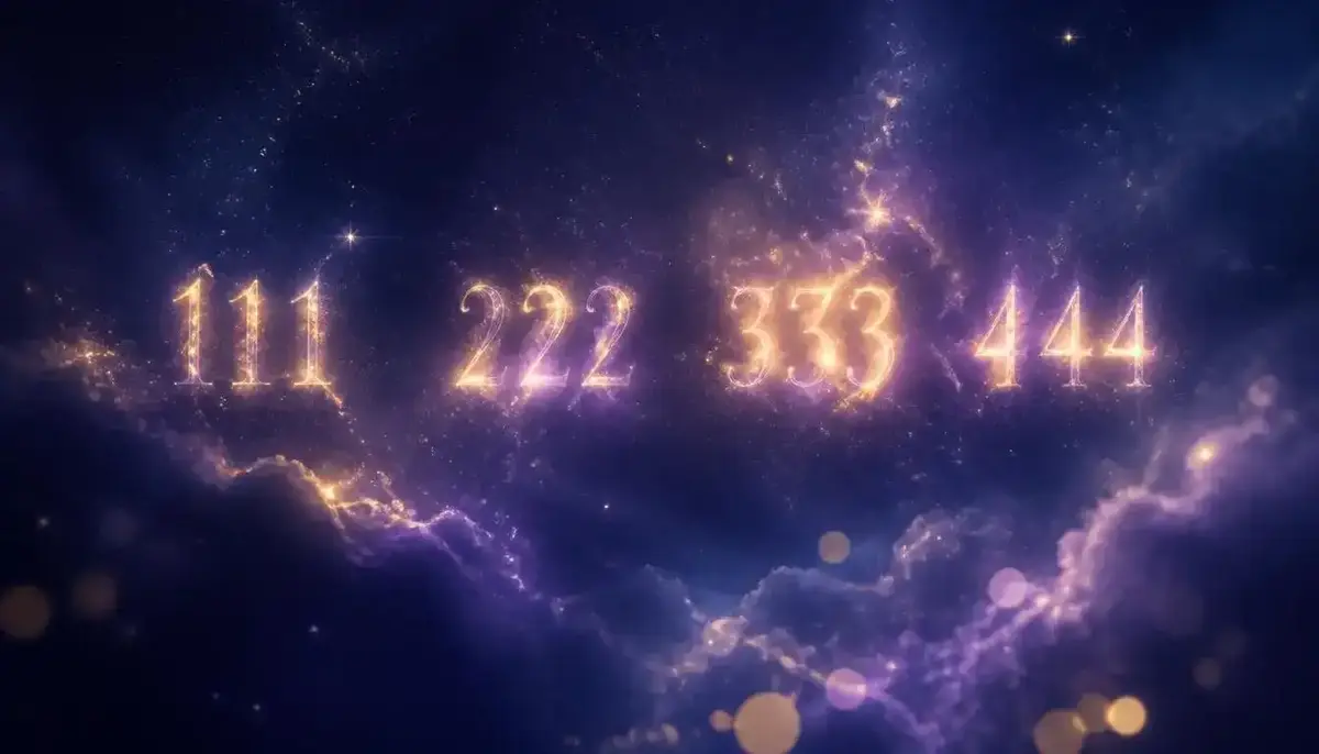 Glowing angel numbers 111, 222, 333, and 444 floating against a deep indigo night sky