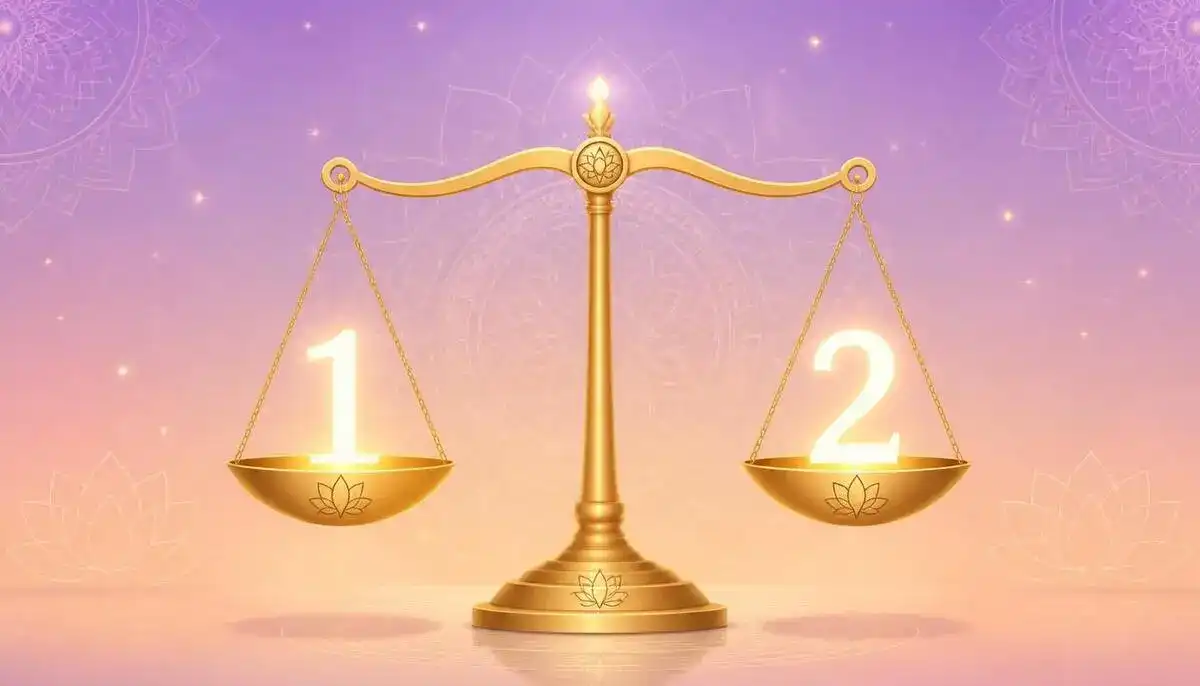 angel number 1122 balanced scale, with one side showing a glowing number 1 and the other a glowing number 2