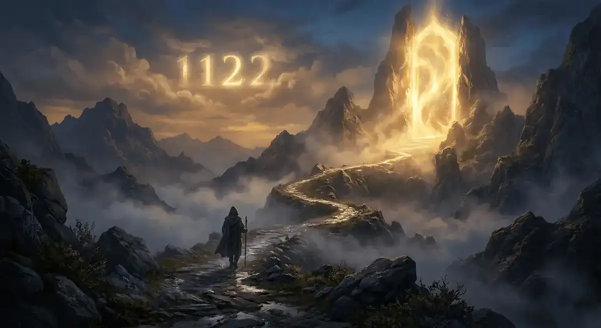  A person walking alone on a winding mountain path towards a brilliant, glowing gateway of light, with the angel number 1122 softly embedded in the sky above